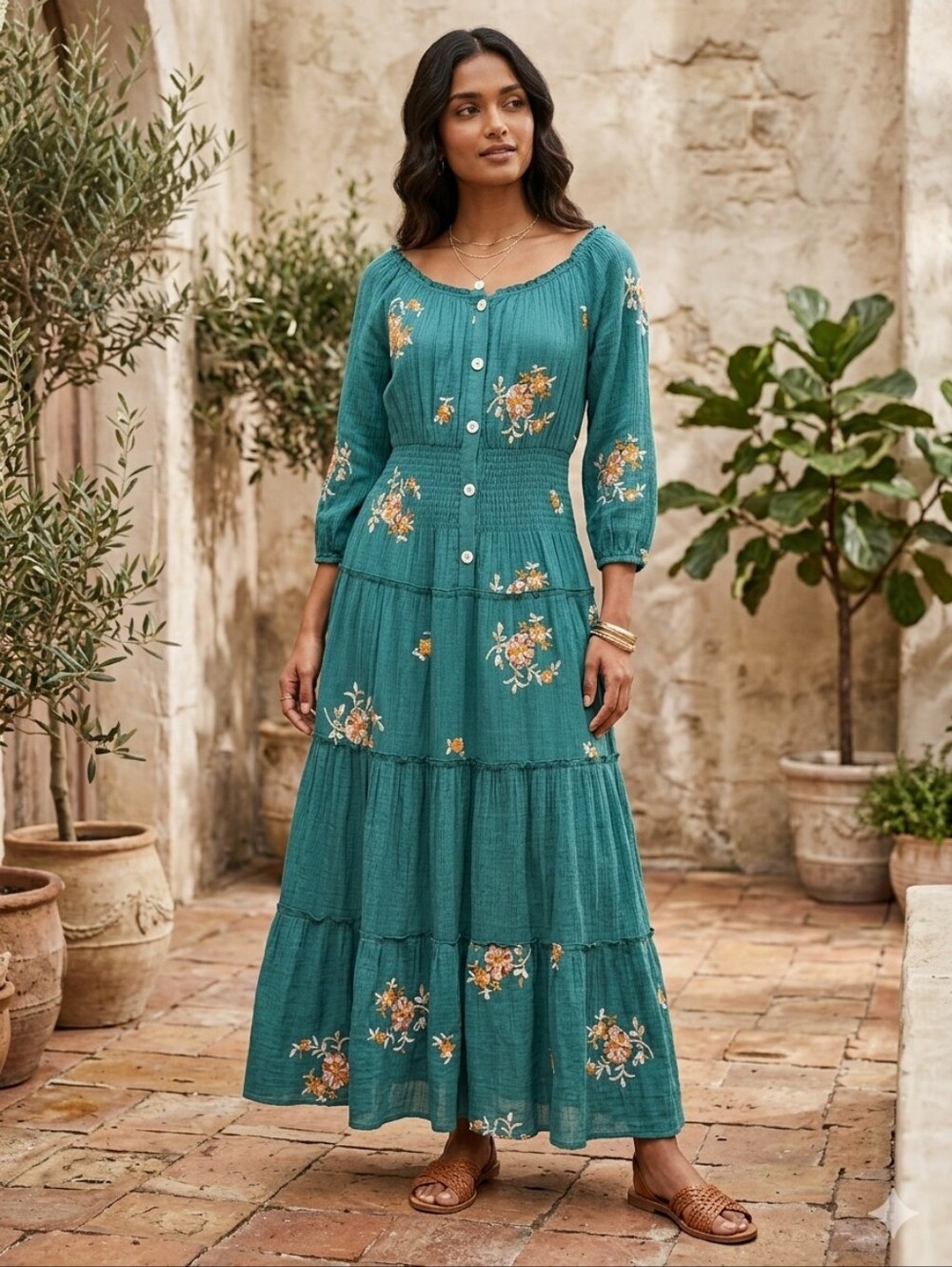 Fig And Flower Green Floral Tiered Button-Front Maxi Dress